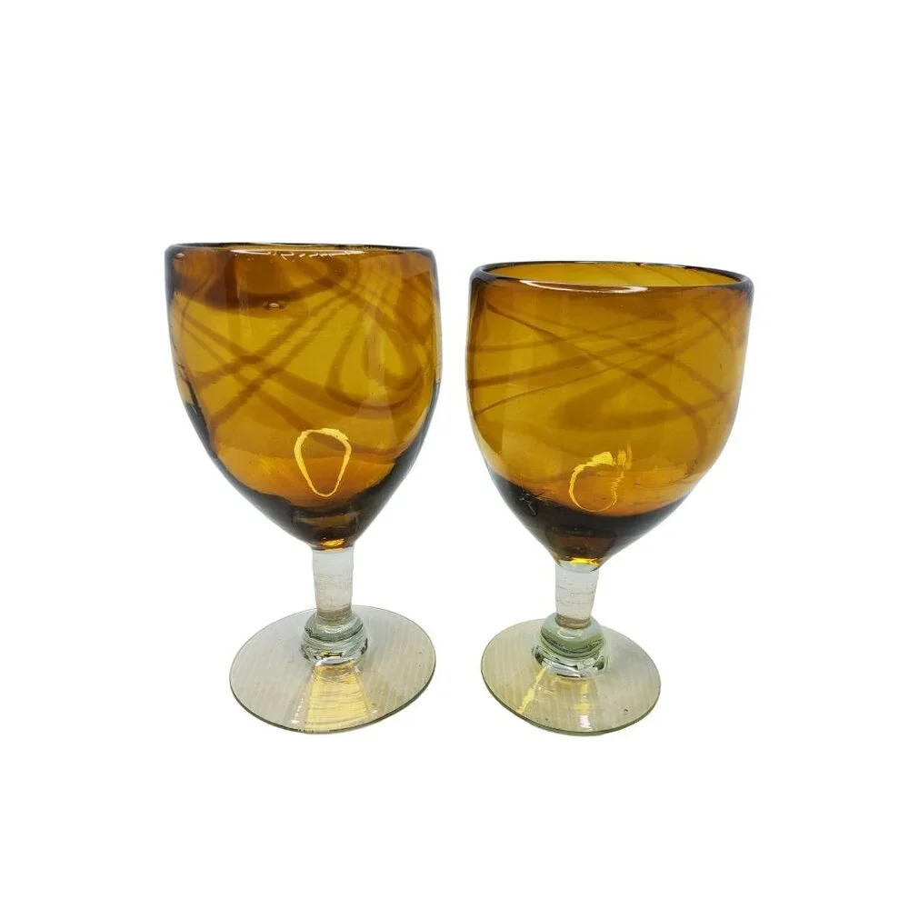 Vintage Hand Blown Amber Swirl Wine Glasses Set Of 2 - Picture 5 of 6